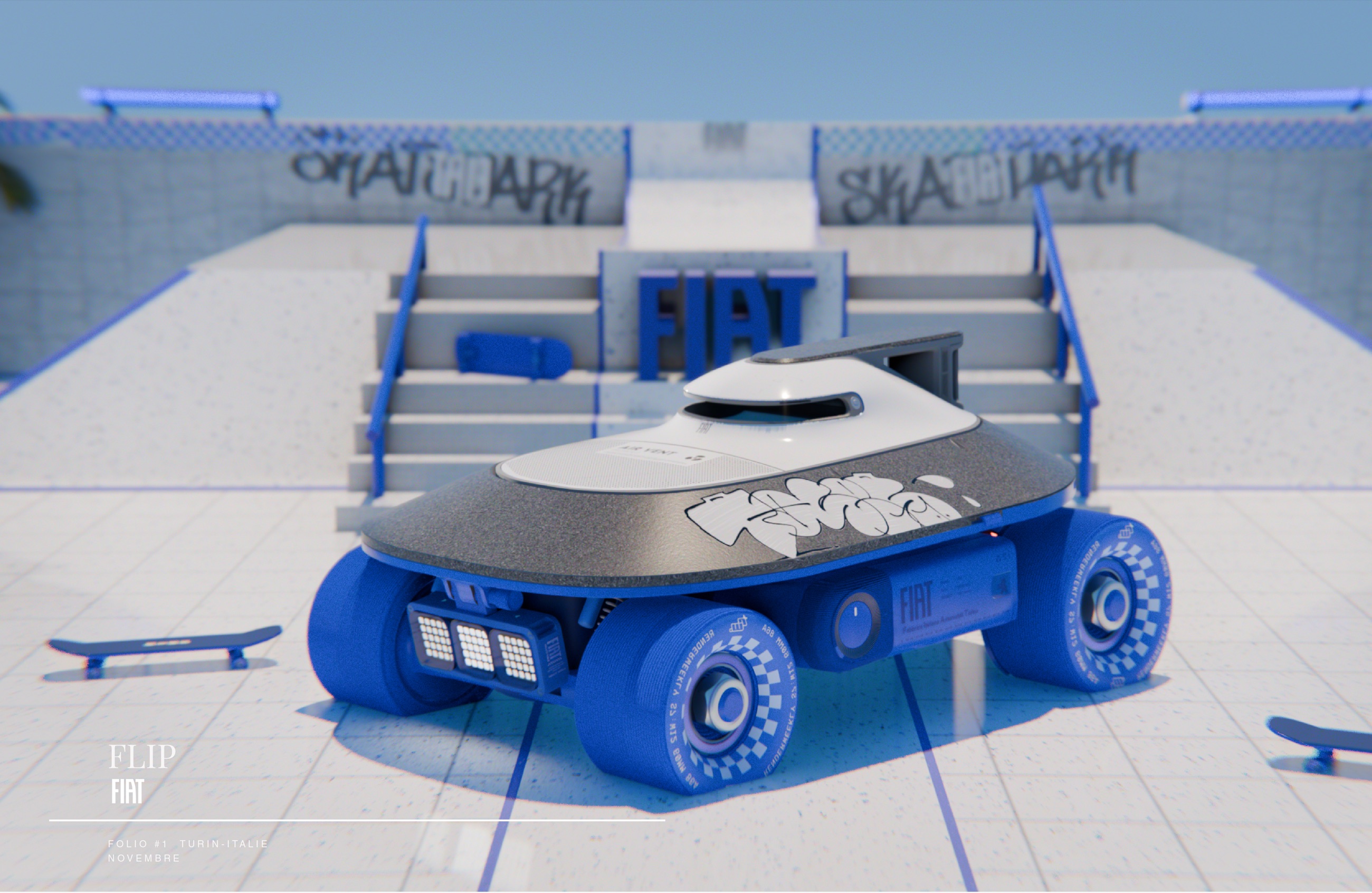 Le Flip dans le skatepark, rendu de trois quarts avant