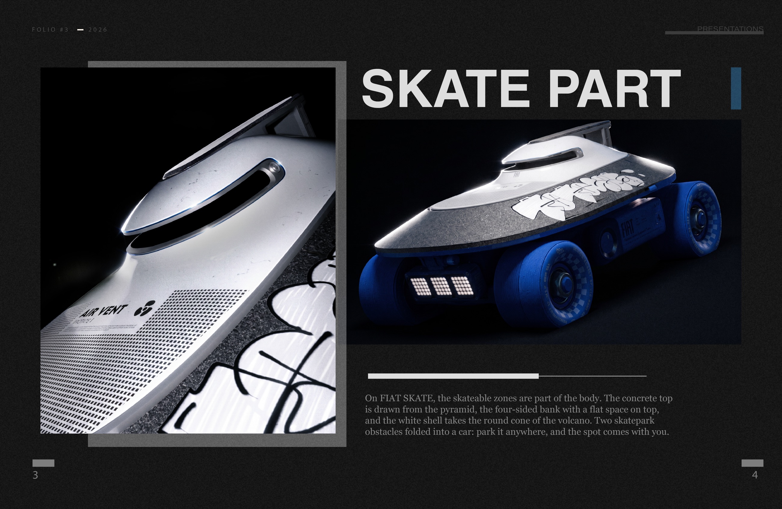 Skate part — la carrosserie skatable, détail de la coque et rendu d'ensemble