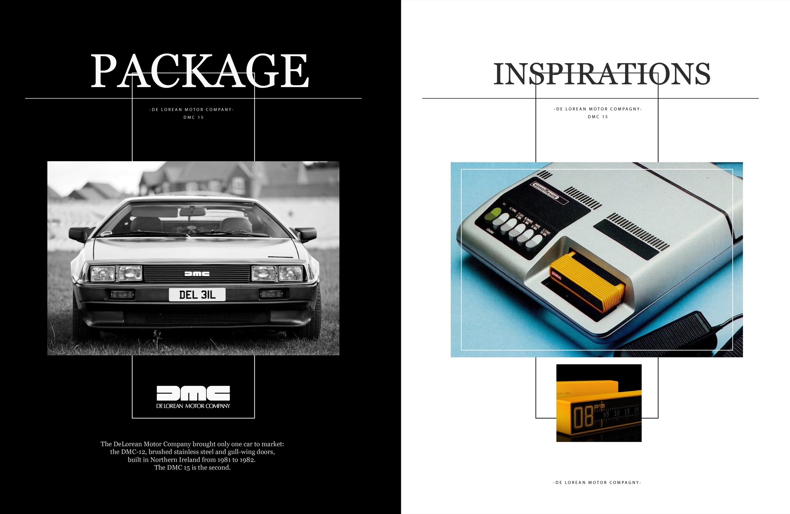 Package et inspirations — la DeLorean, et les consoles de jeu des années quatre-vingt