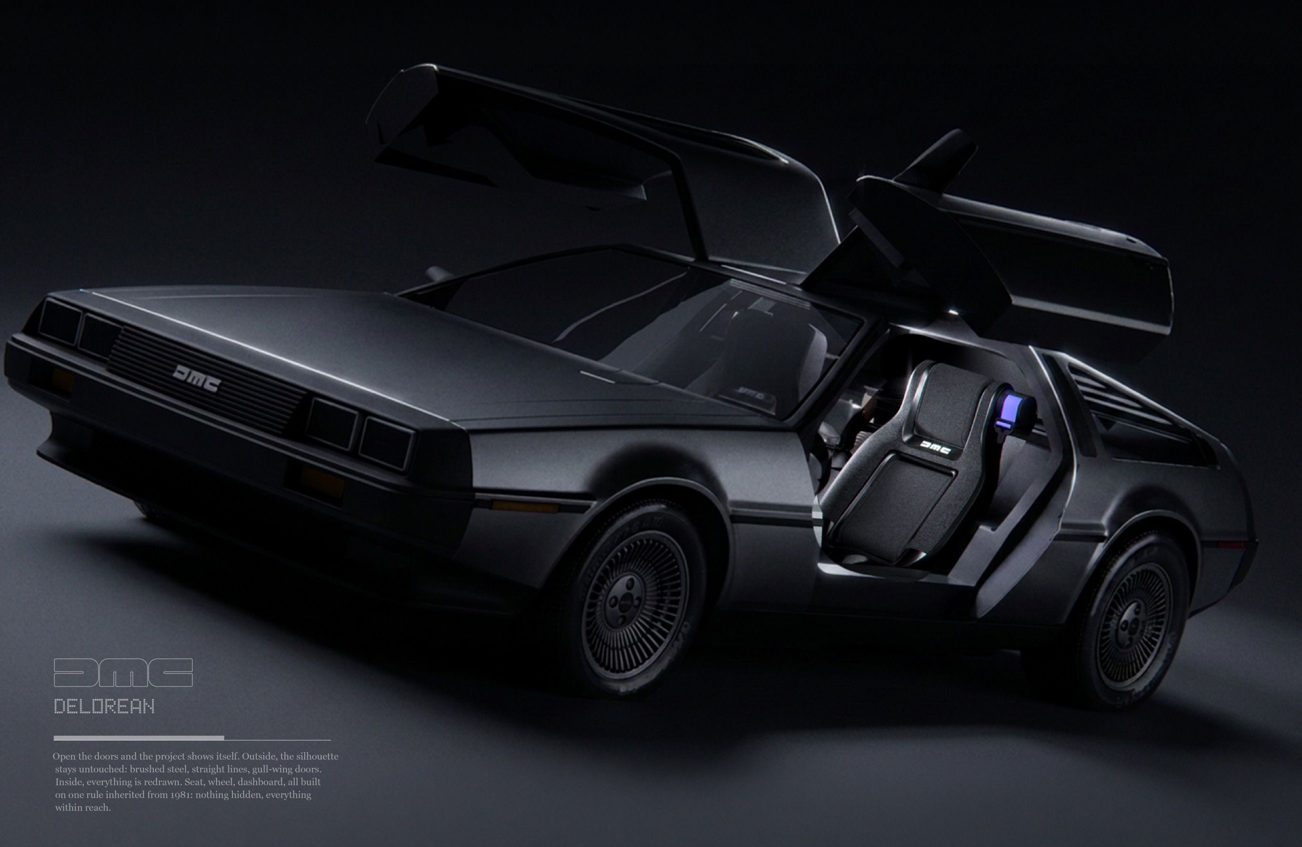 La DeLorean portes ouvertes, rendu d'ensemble